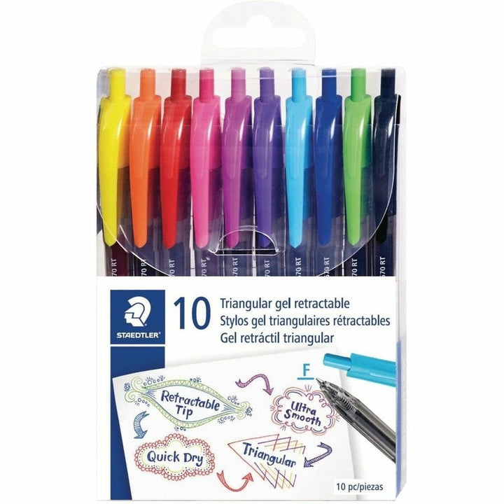 STAEDTLER 467 0 Gel Pen - 0.7 mm Fine Triangular Pen Point - Retractable - Assorted Colours - Pack of 10