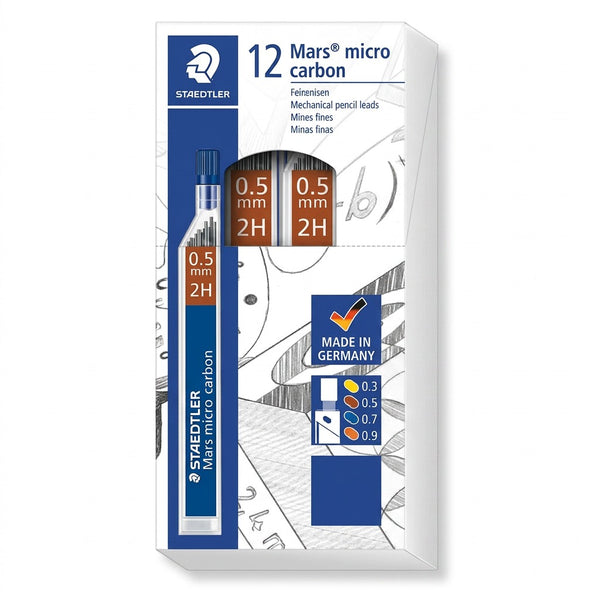 A crisp, high-resolution hero image of the white Staedtler 0.5mm 2H lead tube for Mars micro carbon.